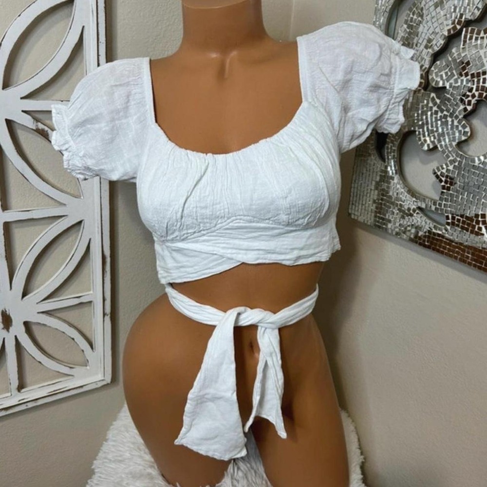 Blanco medium white gauze 100% cotton tie waist festival boho top